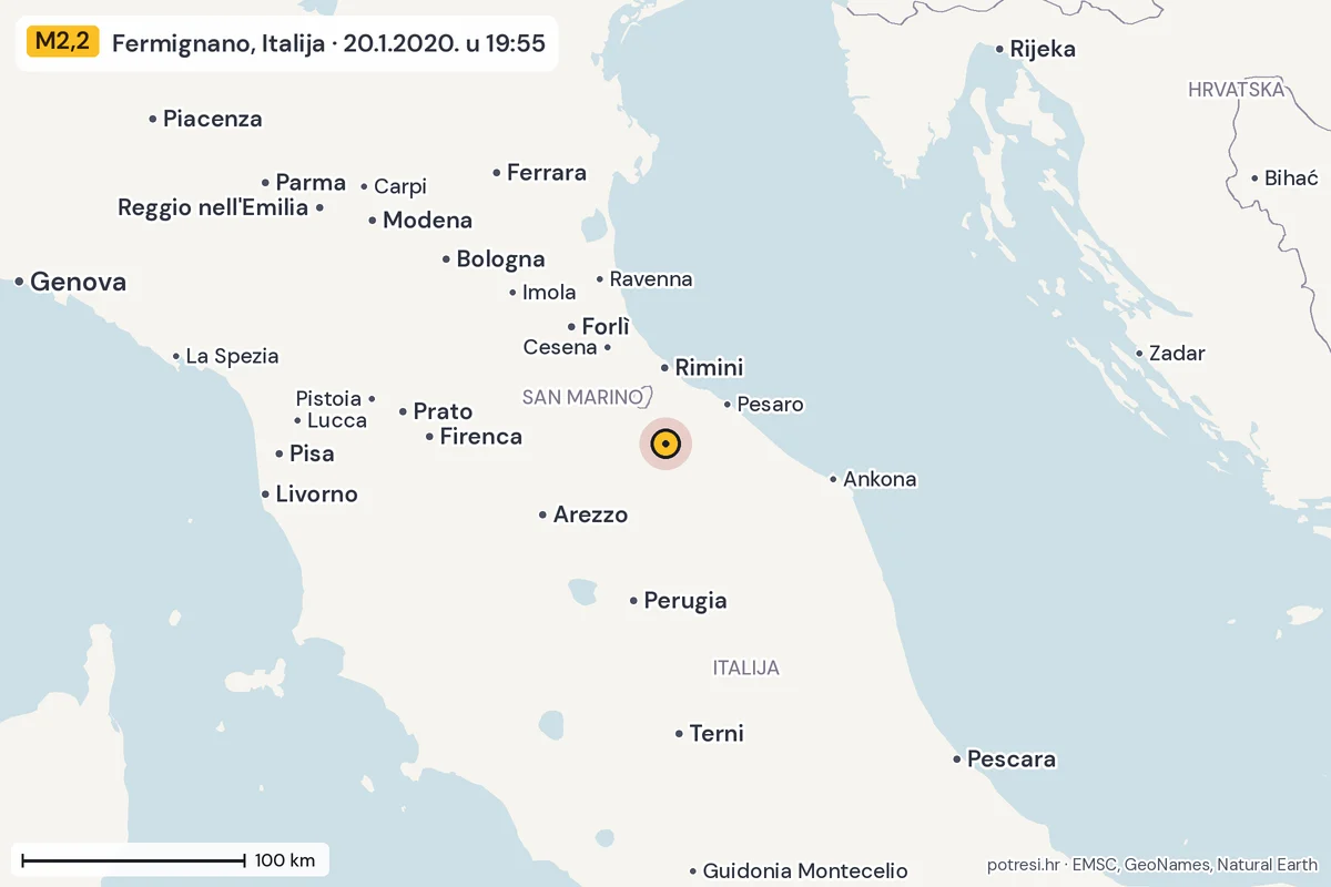 Karta: šire područje, 600 km, potres M2,2, Fermignano, Italija, 20.1.2020.