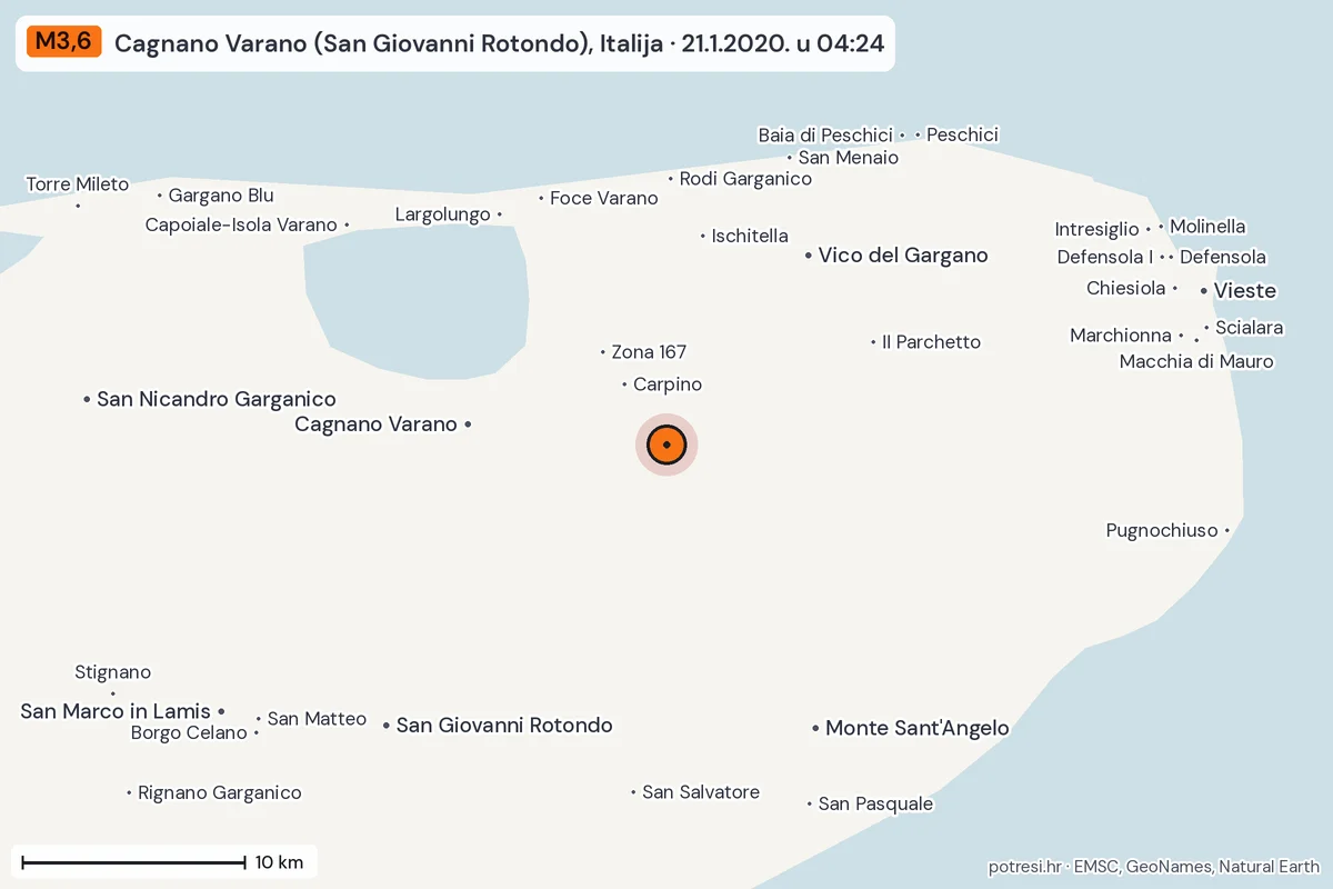 Karta: okolica epicentra, 60 km, potres M3,6, Cagnano Varano (San Giovanni Rotondo), Italija, 21.1.2020.