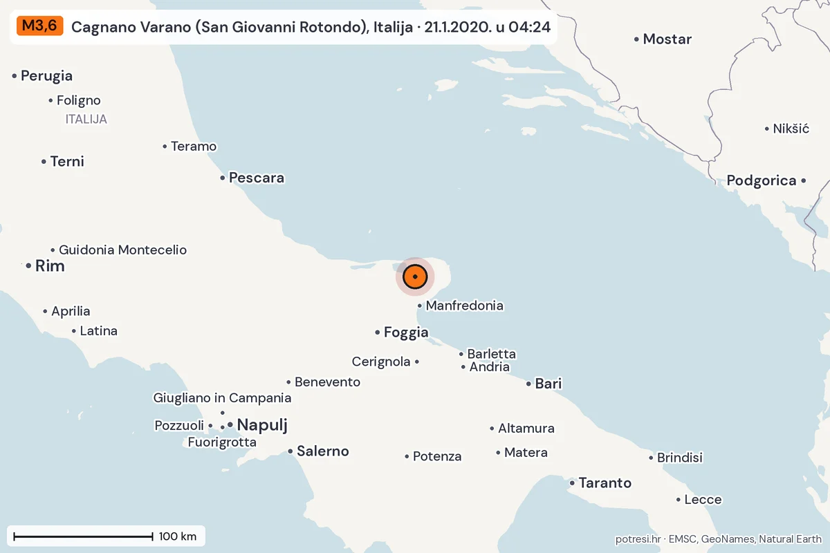Karta: šire područje, 600 km, potres M3,6, Cagnano Varano (San Giovanni Rotondo), Italija, 21.1.2020.