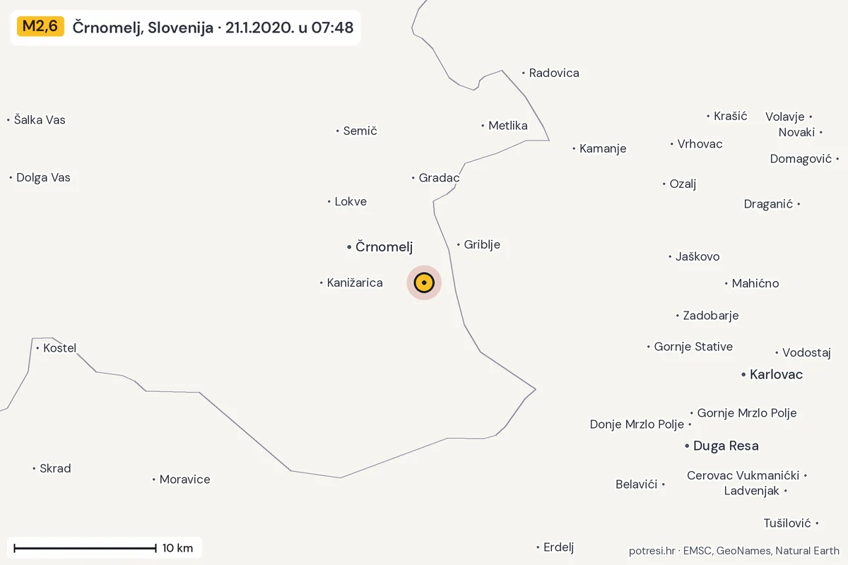 Karta: okolica epicentra, 60 km, potres M2,6, Črnomelj, Slovenija, 21.1.2020.