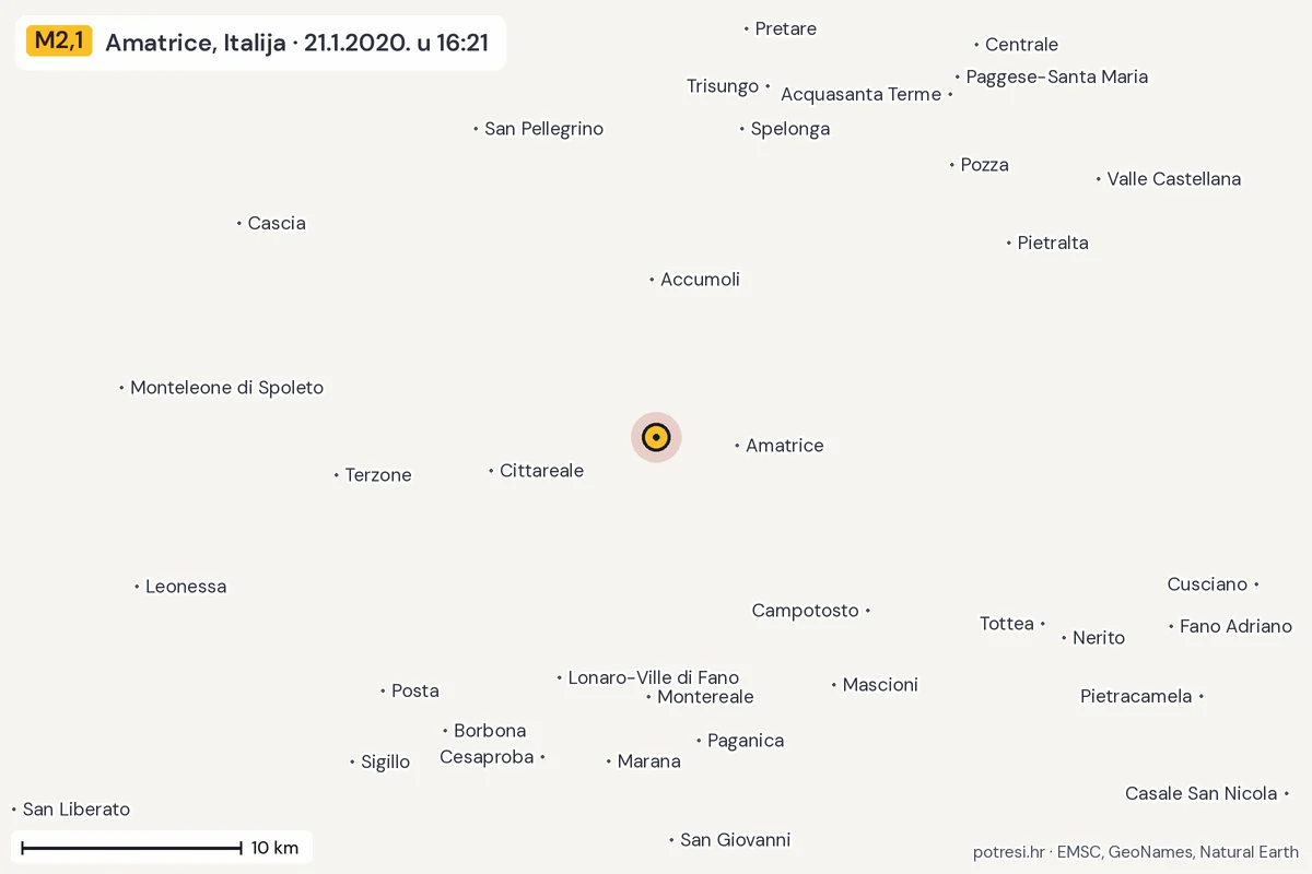 Karta: okolica epicentra, 60 km, potres M2,1, Amatrice, Italija, 21.1.2020.