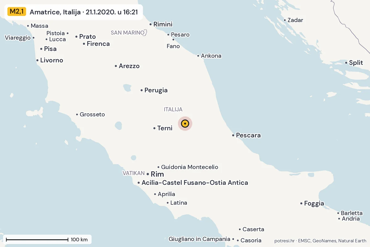 Karta: šire područje, 600 km, potres M2,1, Amatrice, Italija, 21.1.2020.