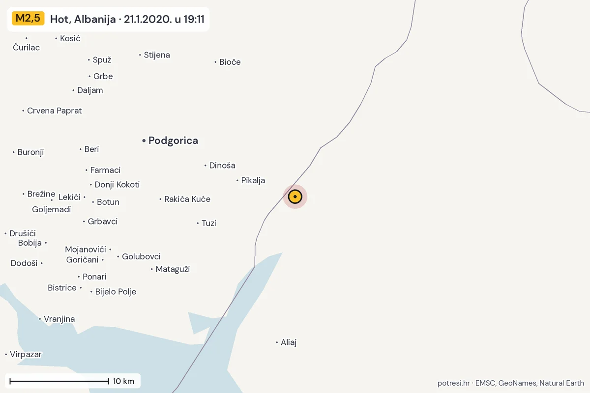 Karta: okolica epicentra, 60 km, potres M2,5, Hot, Albanija, 21.1.2020.