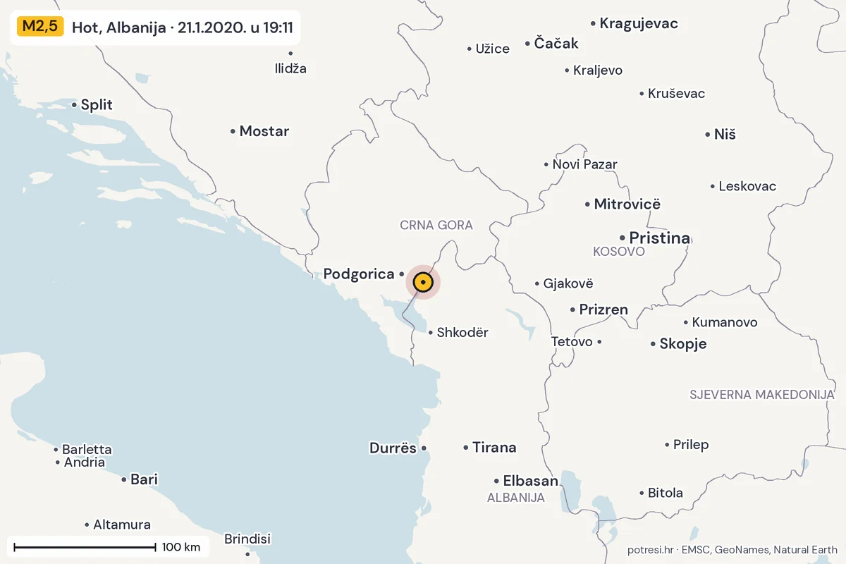 Karta: šire područje, 600 km, potres M2,5, Hot, Albanija, 21.1.2020.