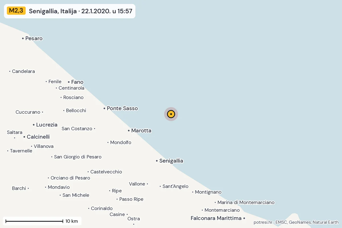 Karta: okolica epicentra, 60 km, potres M2,3, Senigallia, Italija, 22.1.2020.