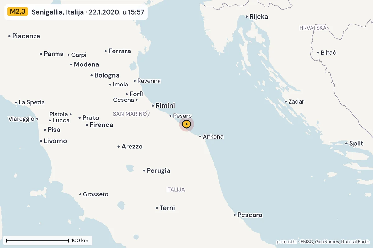 Karta: šire područje, 600 km, potres M2,3, Senigallia, Italija, 22.1.2020.