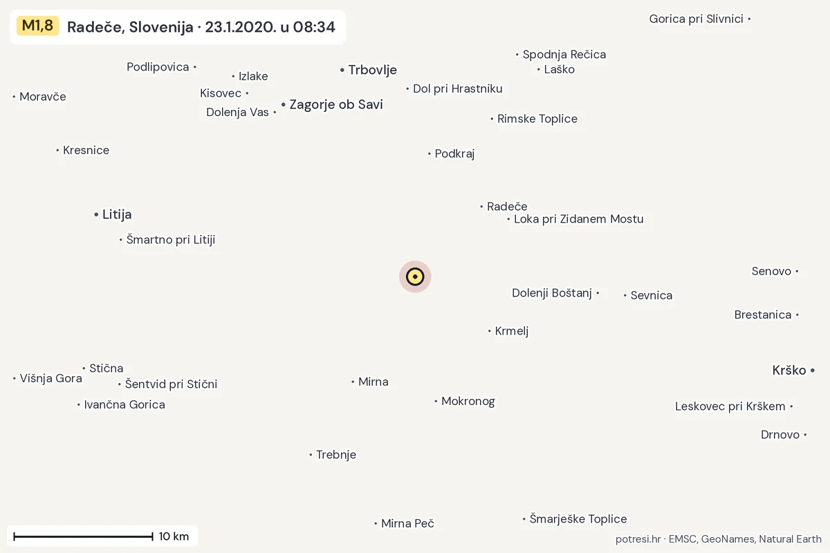 Karta: okolica epicentra, 60 km, potres M1,8, Radeče, Slovenija, 23.1.2020.
