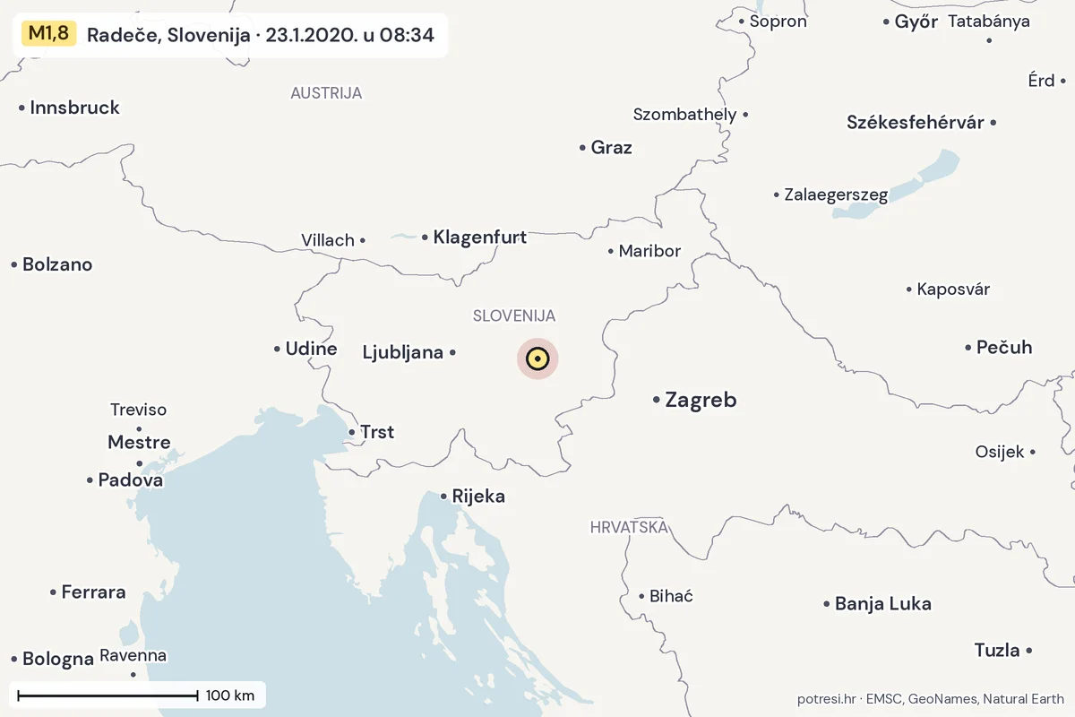 Karta: šire područje, 600 km, potres M1,8, Radeče, Slovenija, 23.1.2020.