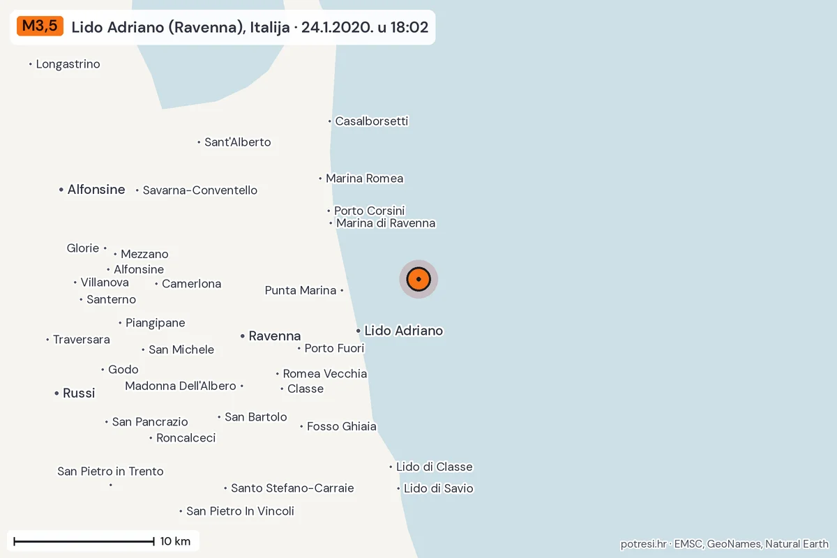 Karta: okolica epicentra, 60 km, potres M3,5, Lido Adriano (Ravenna), Italija, 24.1.2020.