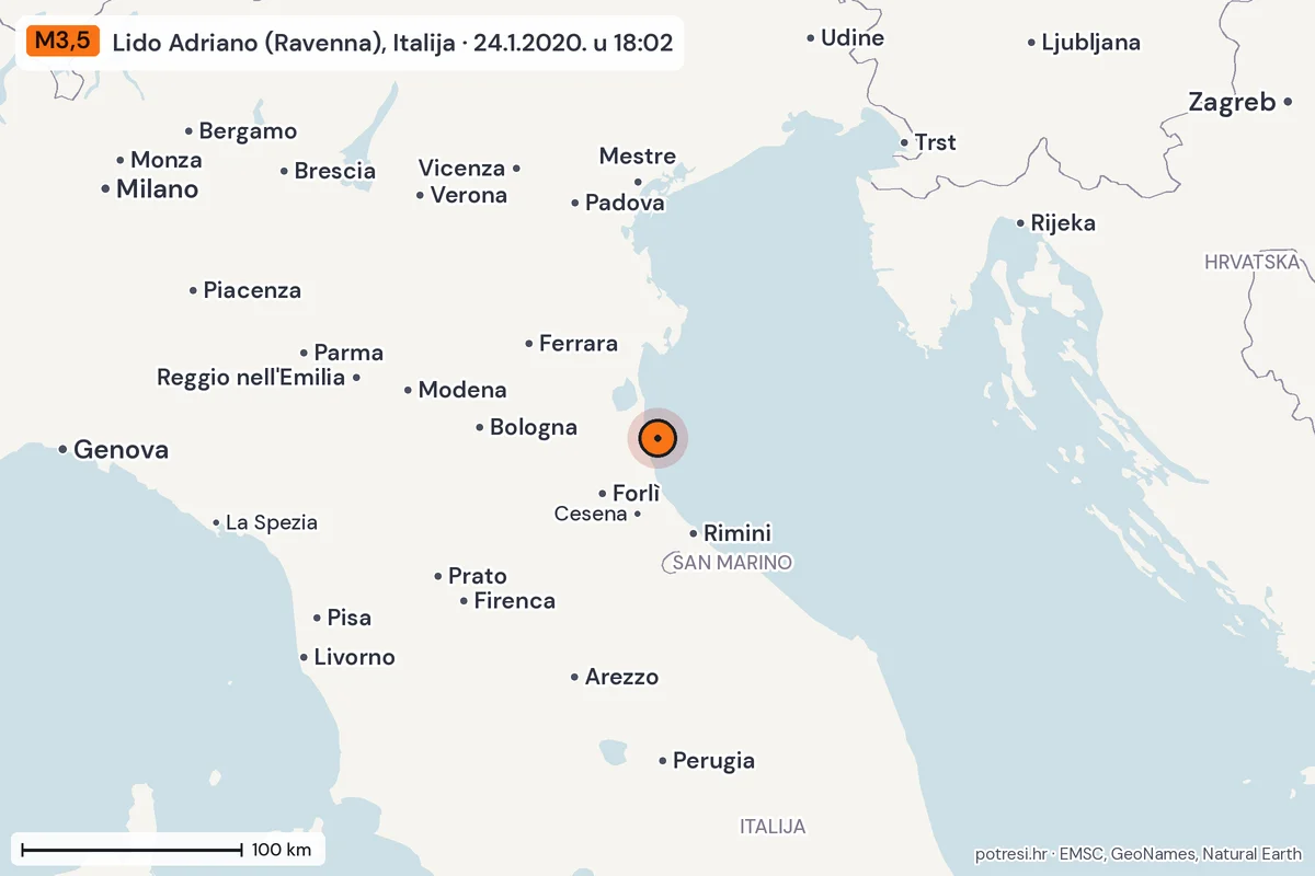 Karta: šire područje, 600 km, potres M3,5, Lido Adriano (Ravenna), Italija, 24.1.2020.