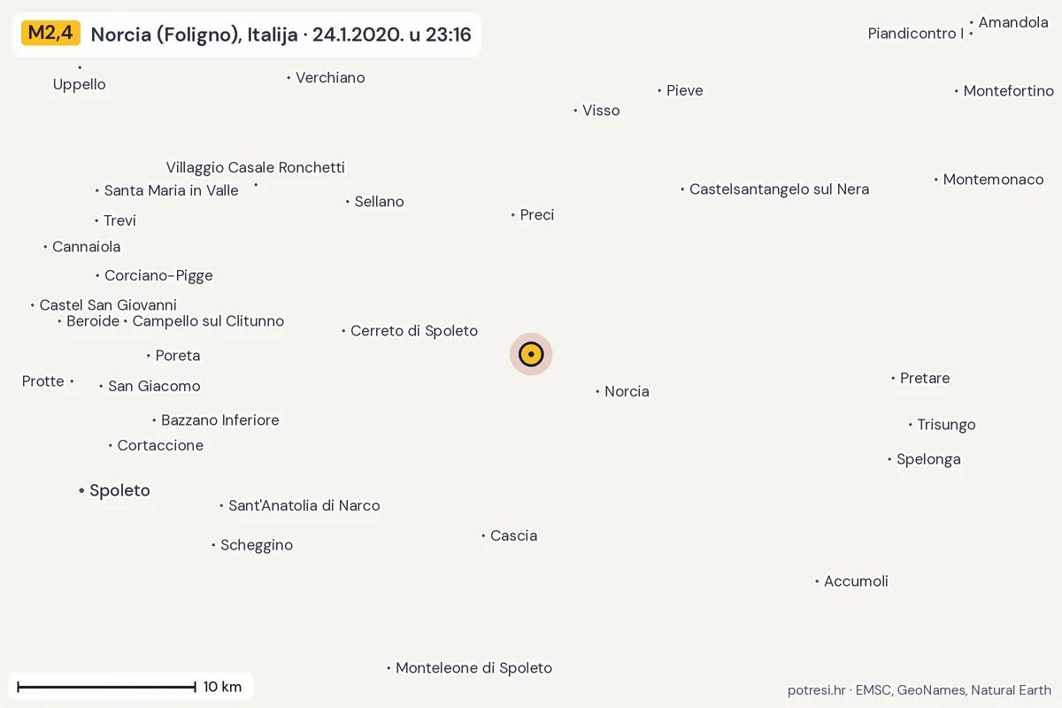 Karta: okolica epicentra, 60 km, potres M2,4, Norcia (Foligno), Italija, 24.1.2020.