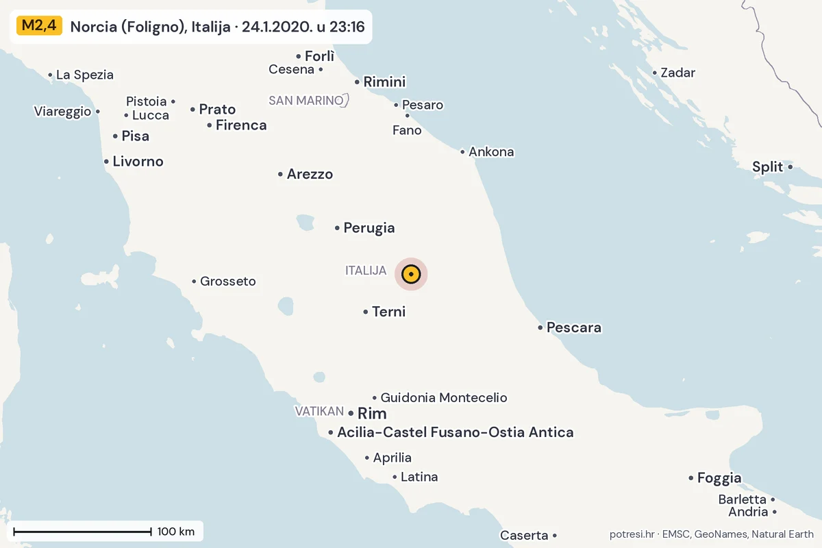 Karta: šire područje, 600 km, potres M2,4, Norcia (Foligno), Italija, 24.1.2020.