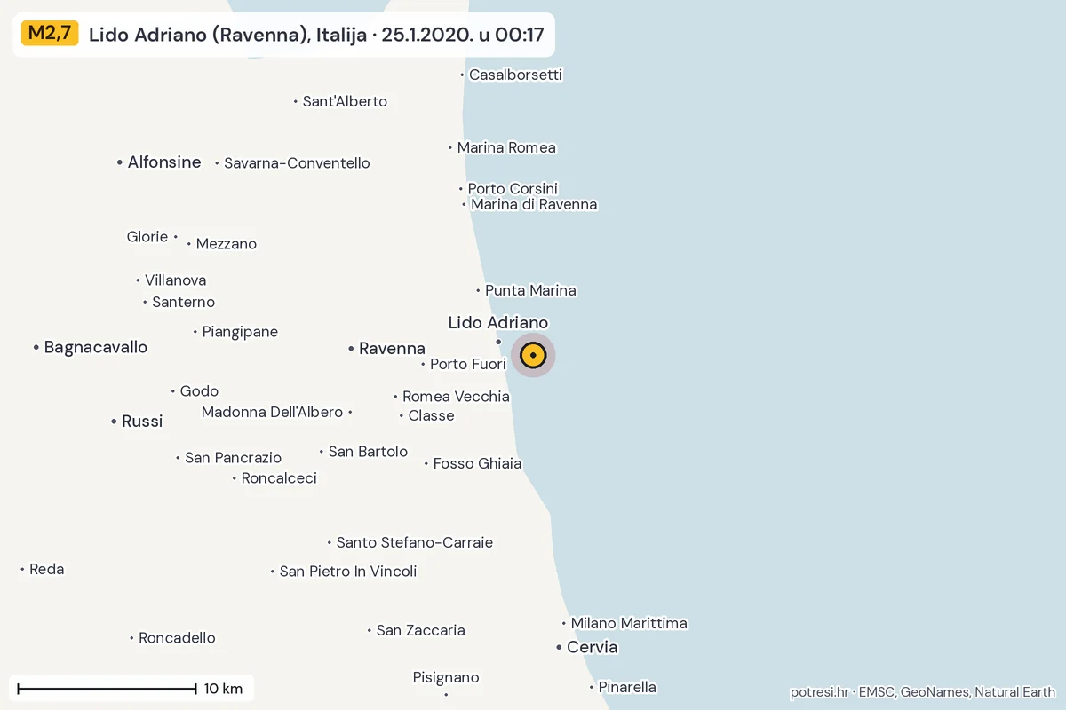 Karta: okolica epicentra, 60 km, potres M2,7, Lido Adriano (Ravenna), Italija, 25.1.2020.