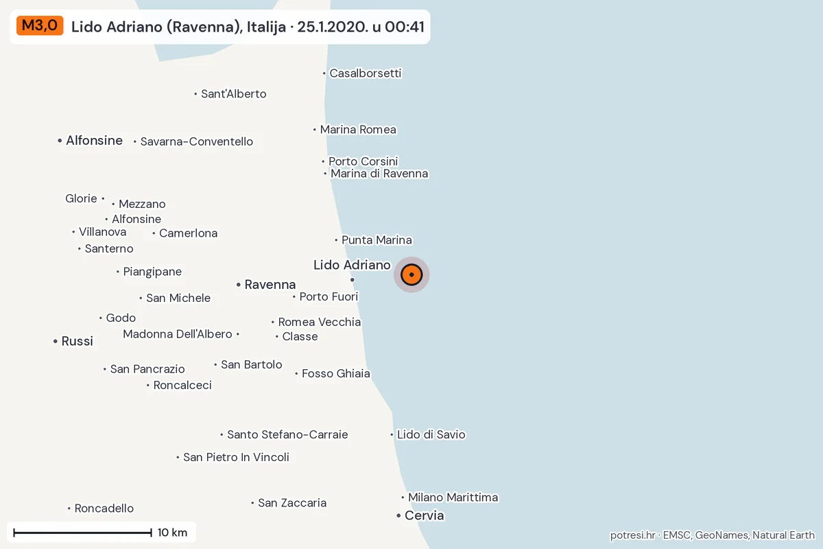 Karta: okolica epicentra, 60 km, potres M3,0, Lido Adriano (Ravenna), Italija, 25.1.2020.
