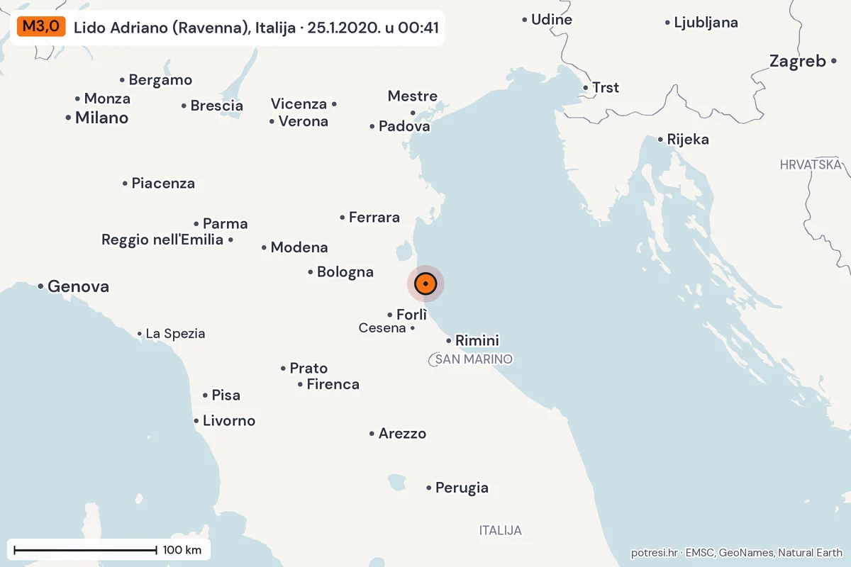 Karta: šire područje, 600 km, potres M3,0, Lido Adriano (Ravenna), Italija, 25.1.2020.