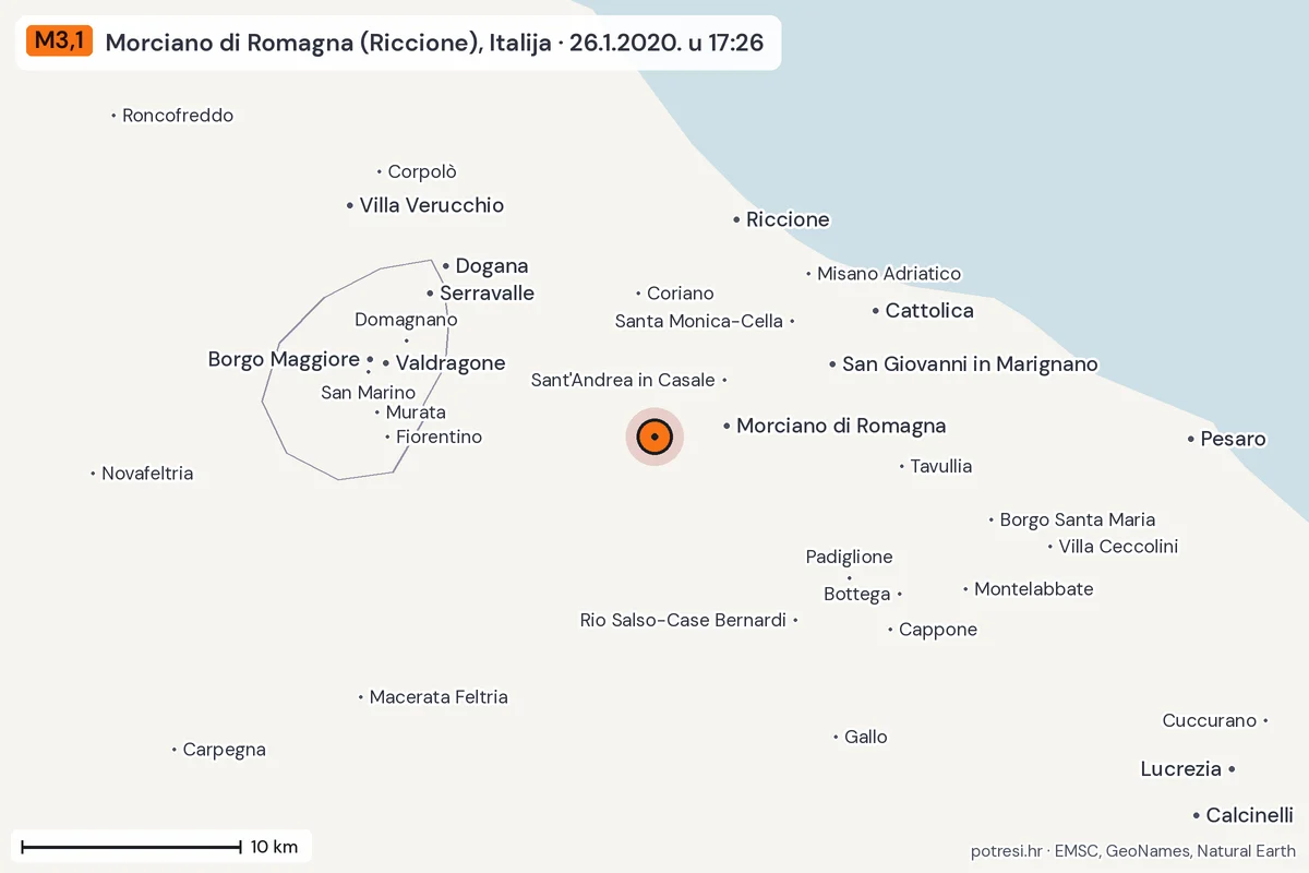 Karta: okolica epicentra, 60 km, potres M3,1, Morciano di Romagna (Riccione), Italija, 26.1.2020.