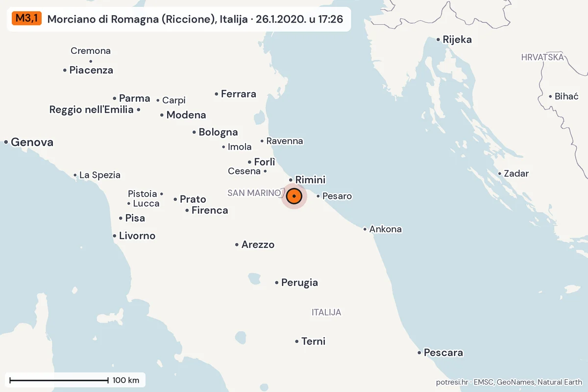 Karta: šire područje, 600 km, potres M3,1, Morciano di Romagna (Riccione), Italija, 26.1.2020.