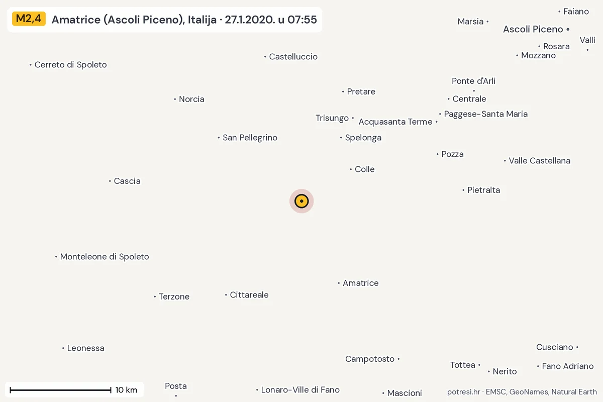 Karta: okolica epicentra, 60 km, potres M2,4, Amatrice (Ascoli Piceno), Italija, 27.1.2020.
