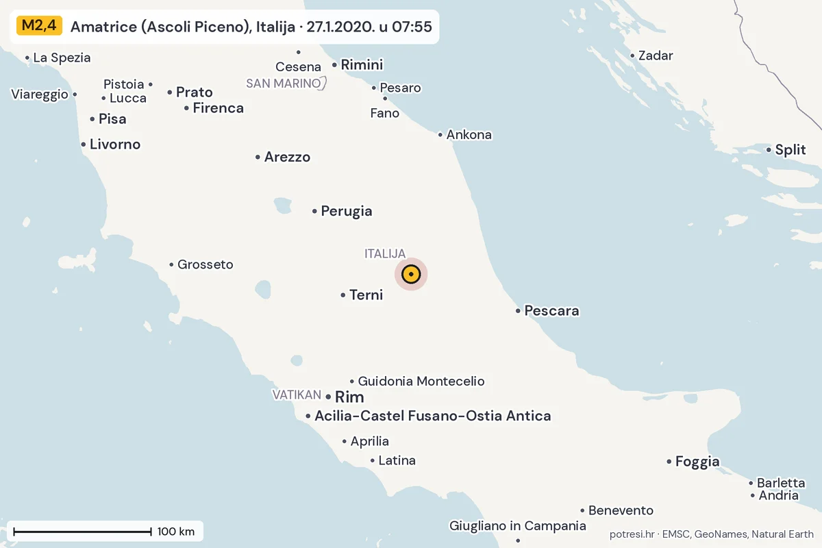Karta: šire područje, 600 km, potres M2,4, Amatrice (Ascoli Piceno), Italija, 27.1.2020.