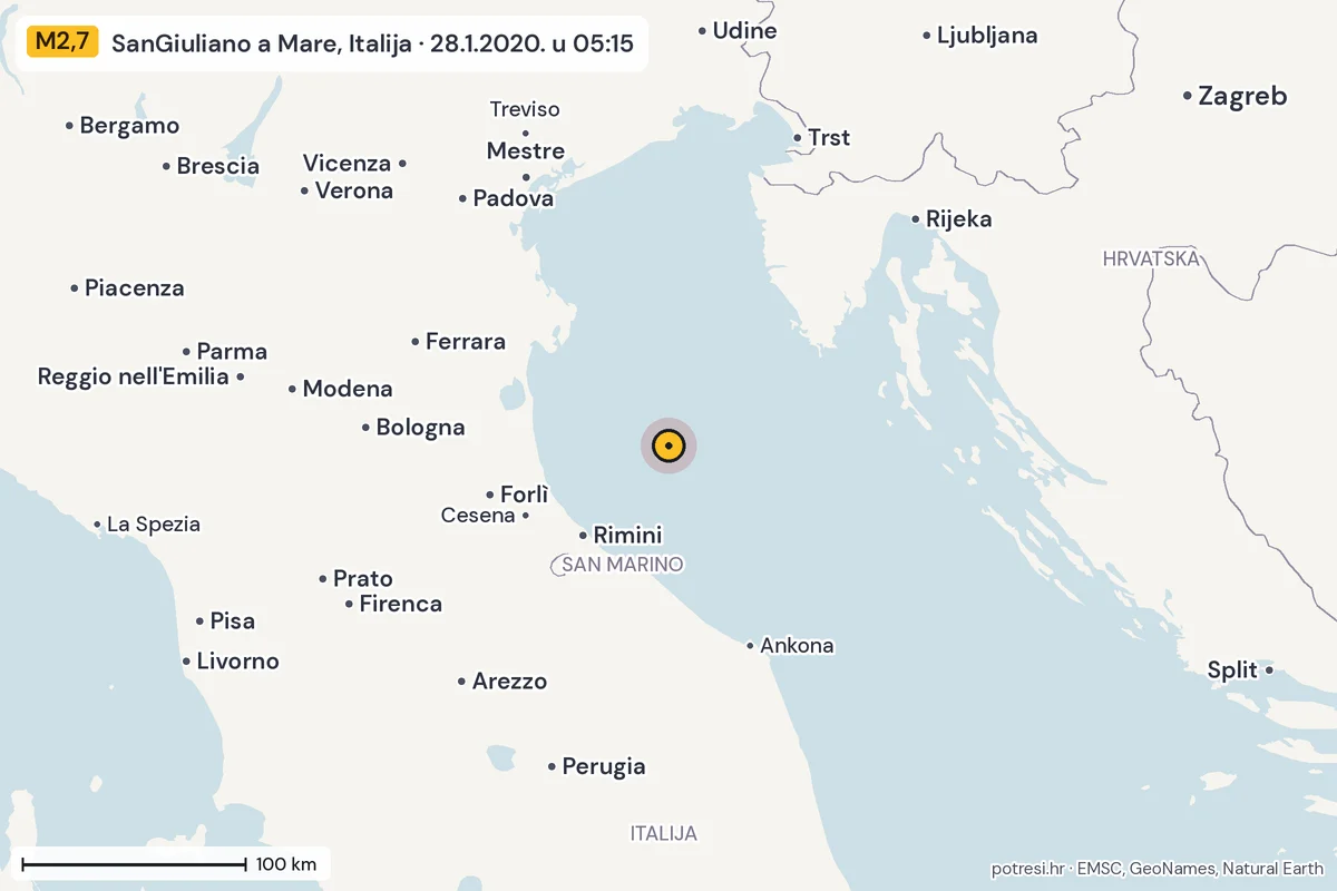 Karta: šire područje, 600 km, potres M2,7, SanGiuliano a Mare, Italija, 28.1.2020.