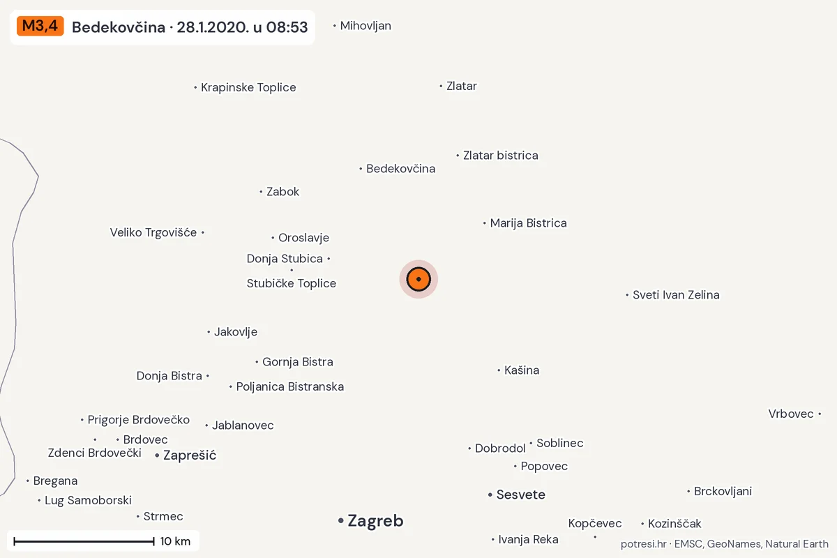 Karta: okolica epicentra, 60 km, potres M3,4, Bedekovčina, 28.1.2020.