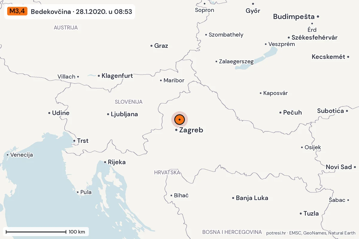 Karta: šire područje, 600 km, potres M3,4, Bedekovčina, 28.1.2020.