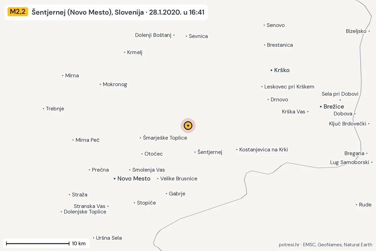 Karta: okolica epicentra, 60 km, potres M2,2, Šentjernej (Novo Mesto), Slovenija, 28.1.2020.