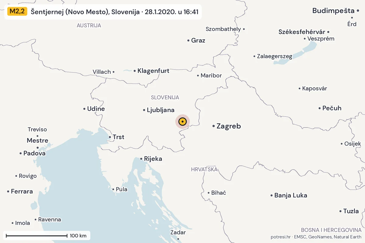 Karta: šire područje, 600 km, potres M2,2, Šentjernej (Novo Mesto), Slovenija, 28.1.2020.