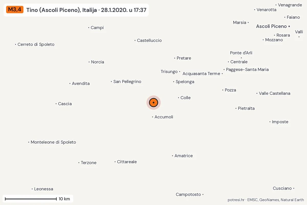 Karta: okolica epicentra, 60 km, potres M3,4, Tino (Ascoli Piceno), Italija, 28.1.2020.
