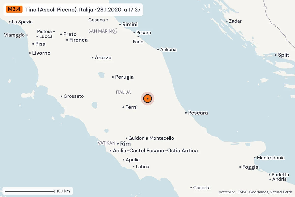 Karta: šire područje, 600 km, potres M3,4, Tino (Ascoli Piceno), Italija, 28.1.2020.
