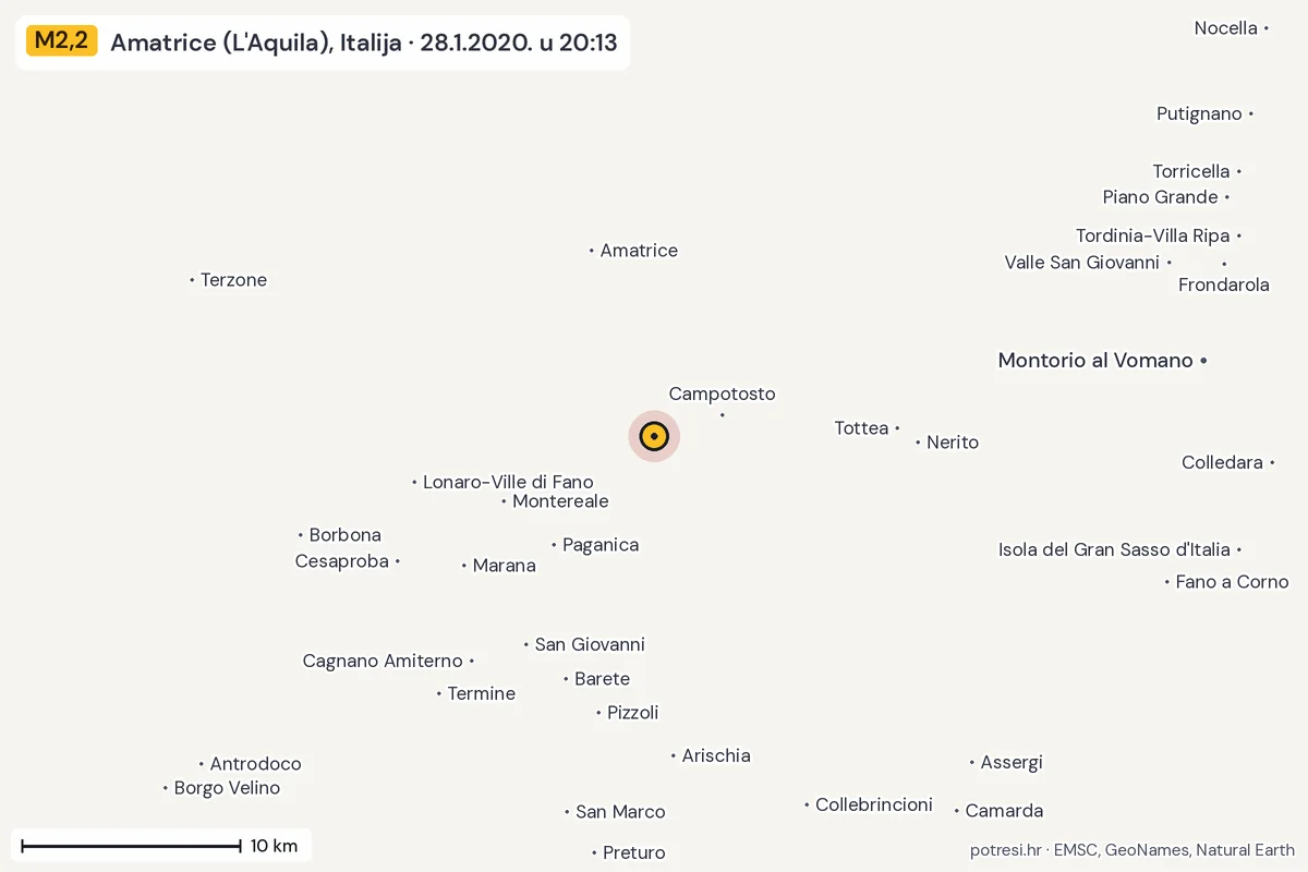 Karta: okolica epicentra, 60 km, potres M2,2, Amatrice (L'Aquila), Italija, 28.1.2020.