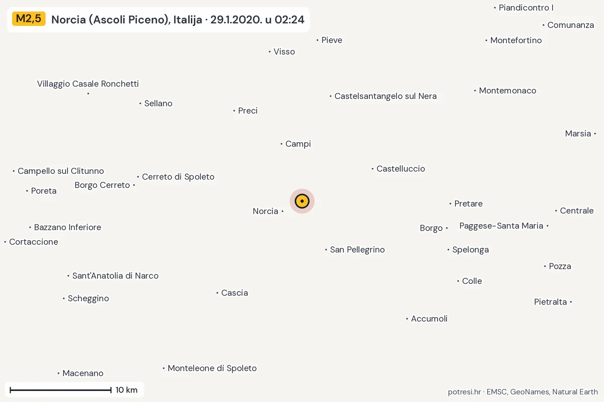 Karta: okolica epicentra, 60 km, potres M2,5, Norcia (Ascoli Piceno), Italija, 29.1.2020.