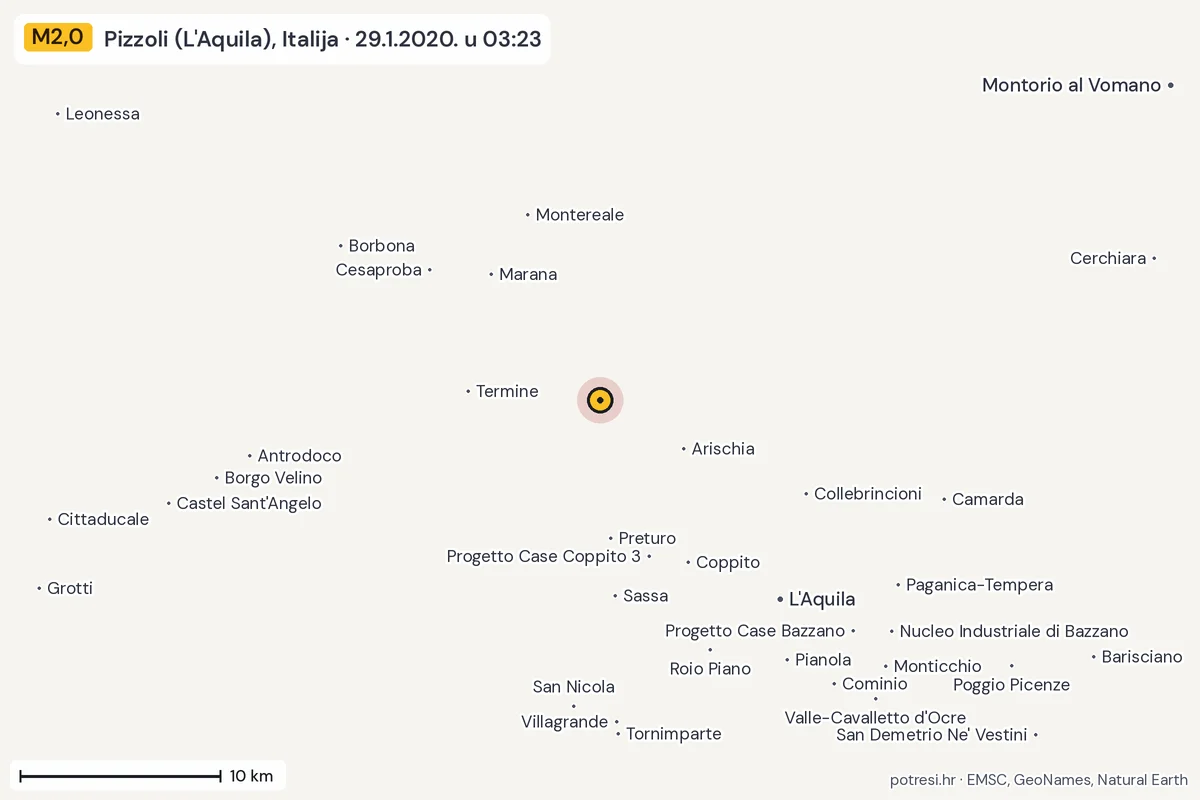 Karta: okolica epicentra, 60 km, potres M2,0, Pizzoli (L'Aquila), Italija, 29.1.2020.
