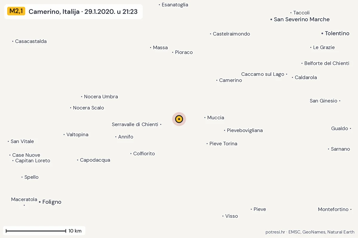 Karta: okolica epicentra, 60 km, potres M2,1, Camerino, Italija, 29.1.2020.