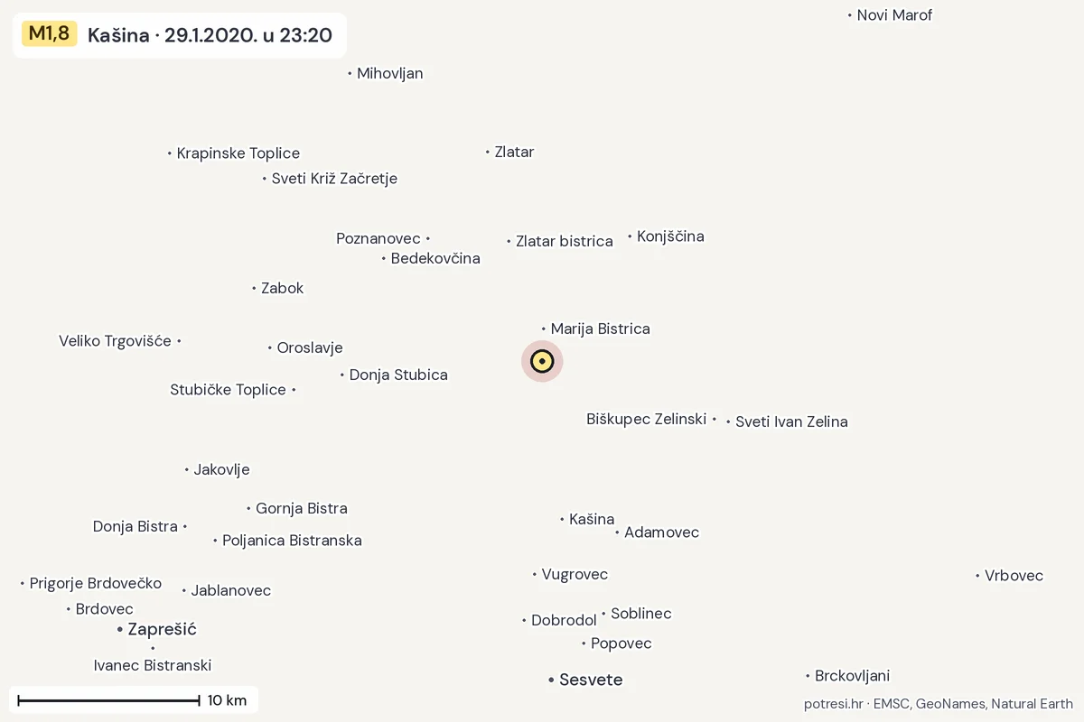 Karta: okolica epicentra, 60 km, potres M1,8, Kašina, 29.1.2020.
