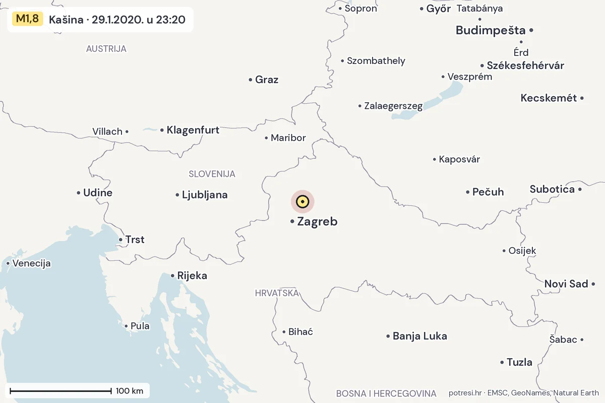 Karta: šire područje, 600 km, potres M1,8, Kašina, 29.1.2020.
