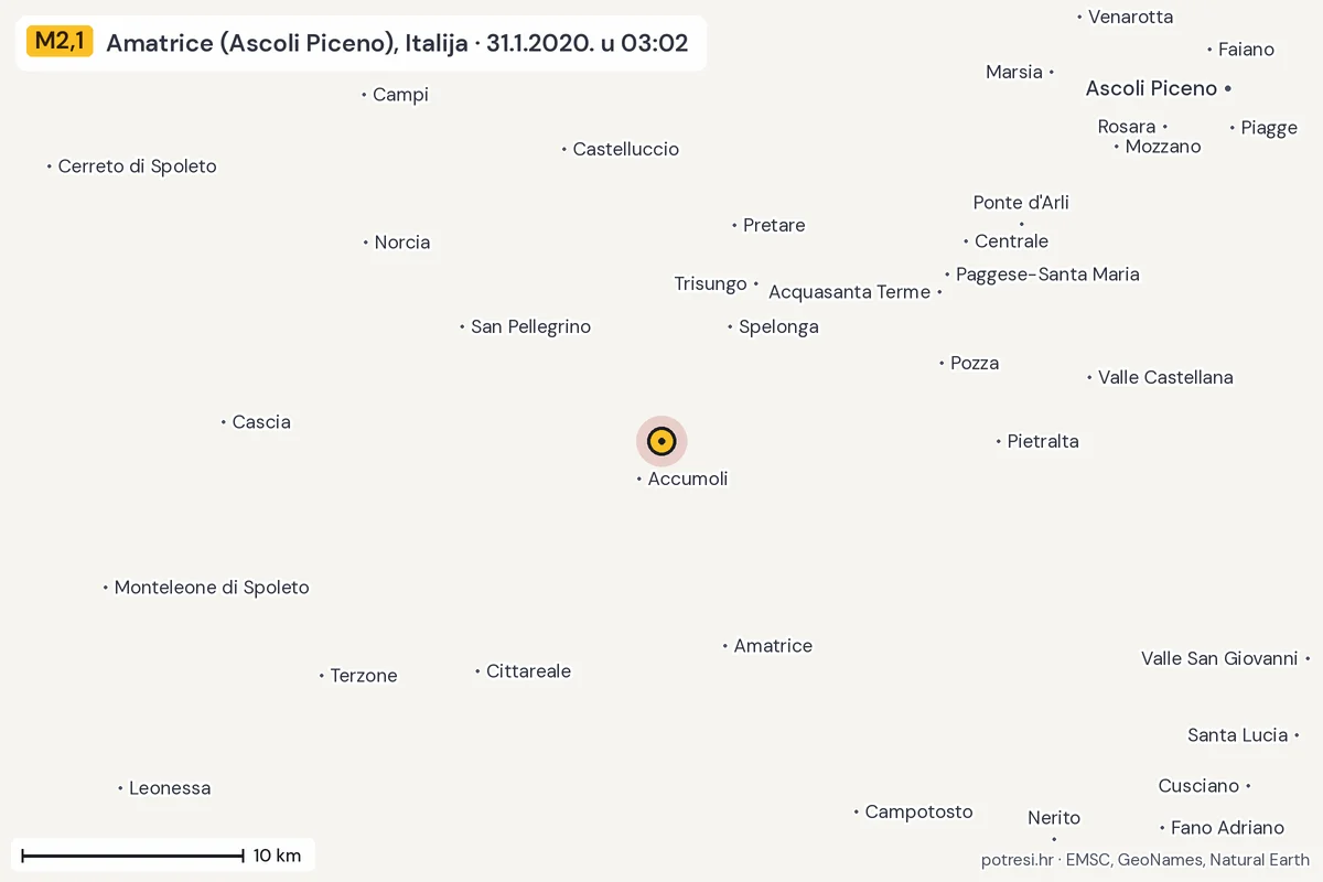 Karta: okolica epicentra, 60 km, potres M2,1, Amatrice (Ascoli Piceno), Italija, 31.1.2020.