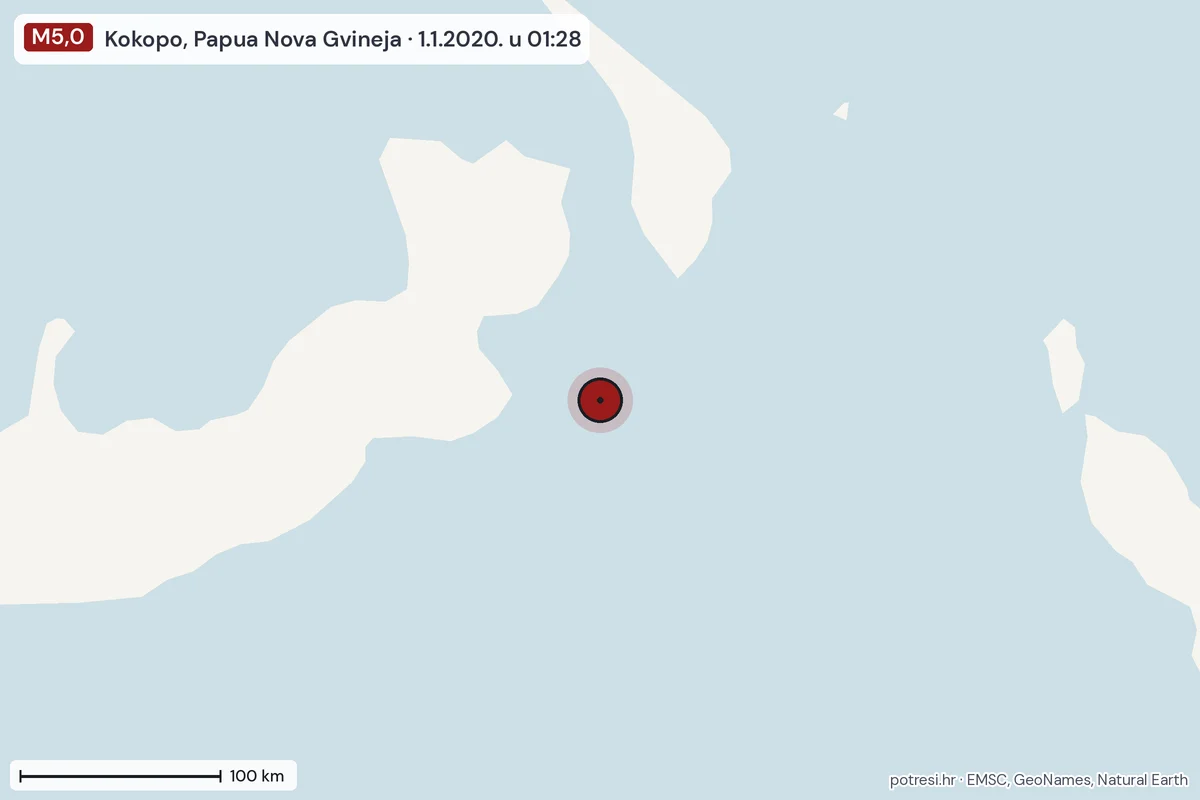 Karta: šire područje, 600 km, potres M5,0, Kokopo, Papua Nova Gvineja, 1.1.2020.