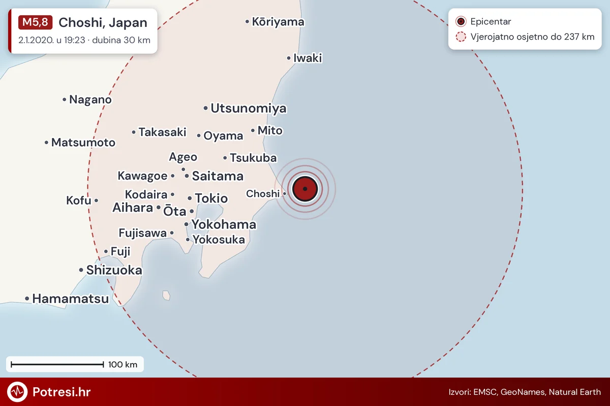 Karta: šire područje i vjerojatni doseg osjeta, potres M5,8, Choshi, Japan, 2.1.2020.