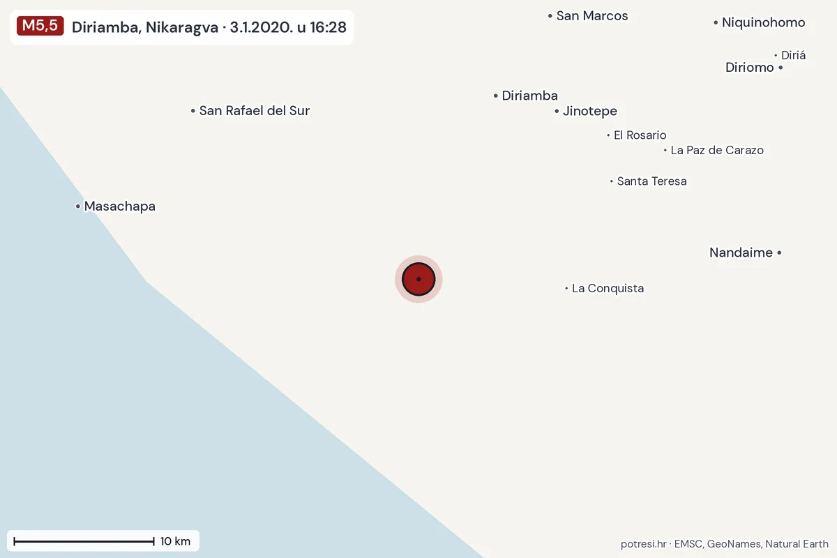 Karta: okolica epicentra, 60 km, potres M5,5, Diriamba, Nikaragva, 3.1.2020.