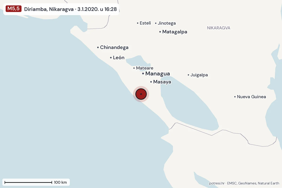Karta: šire područje, 600 km, potres M5,5, Diriamba, Nikaragva, 3.1.2020.