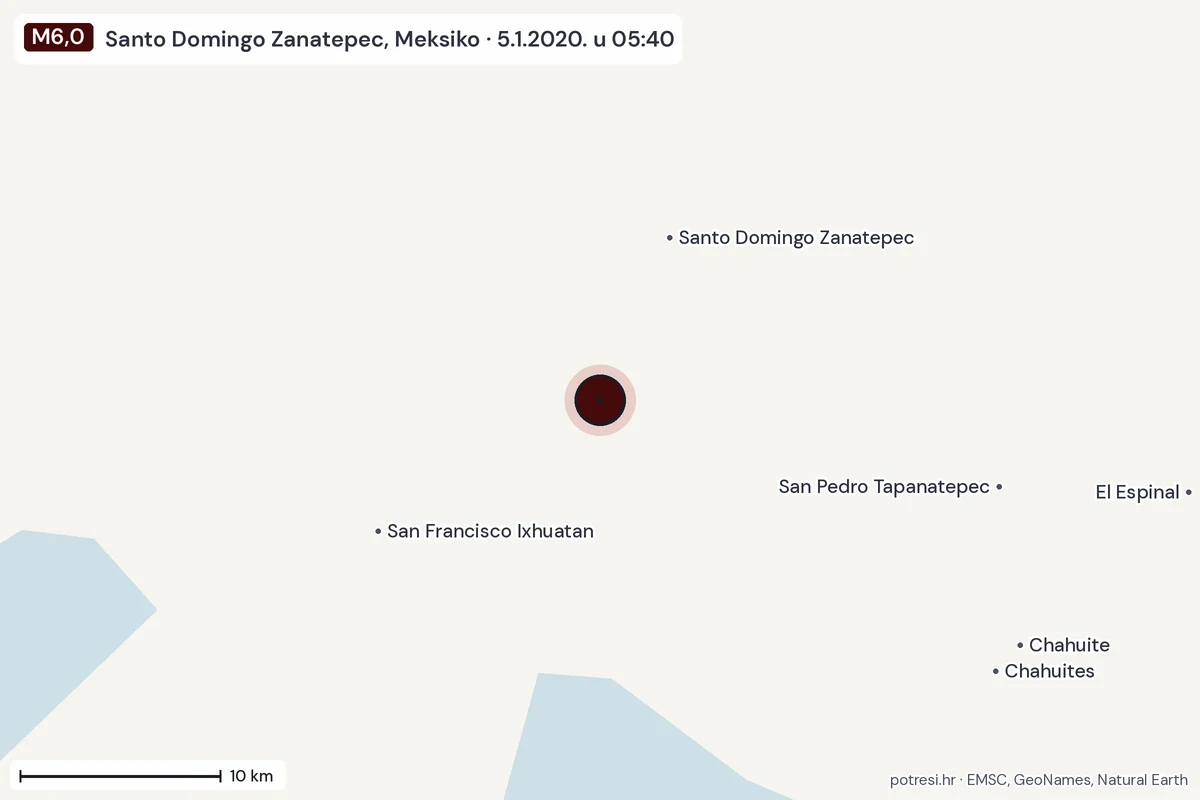 Karta: okolica epicentra, 60 km, potres M6,0, Santo Domingo Zanatepec, Meksiko, 5.1.2020.