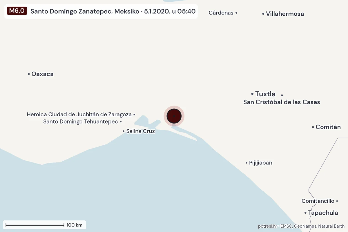 Karta: šire područje, 600 km, potres M6,0, Santo Domingo Zanatepec, Meksiko, 5.1.2020.