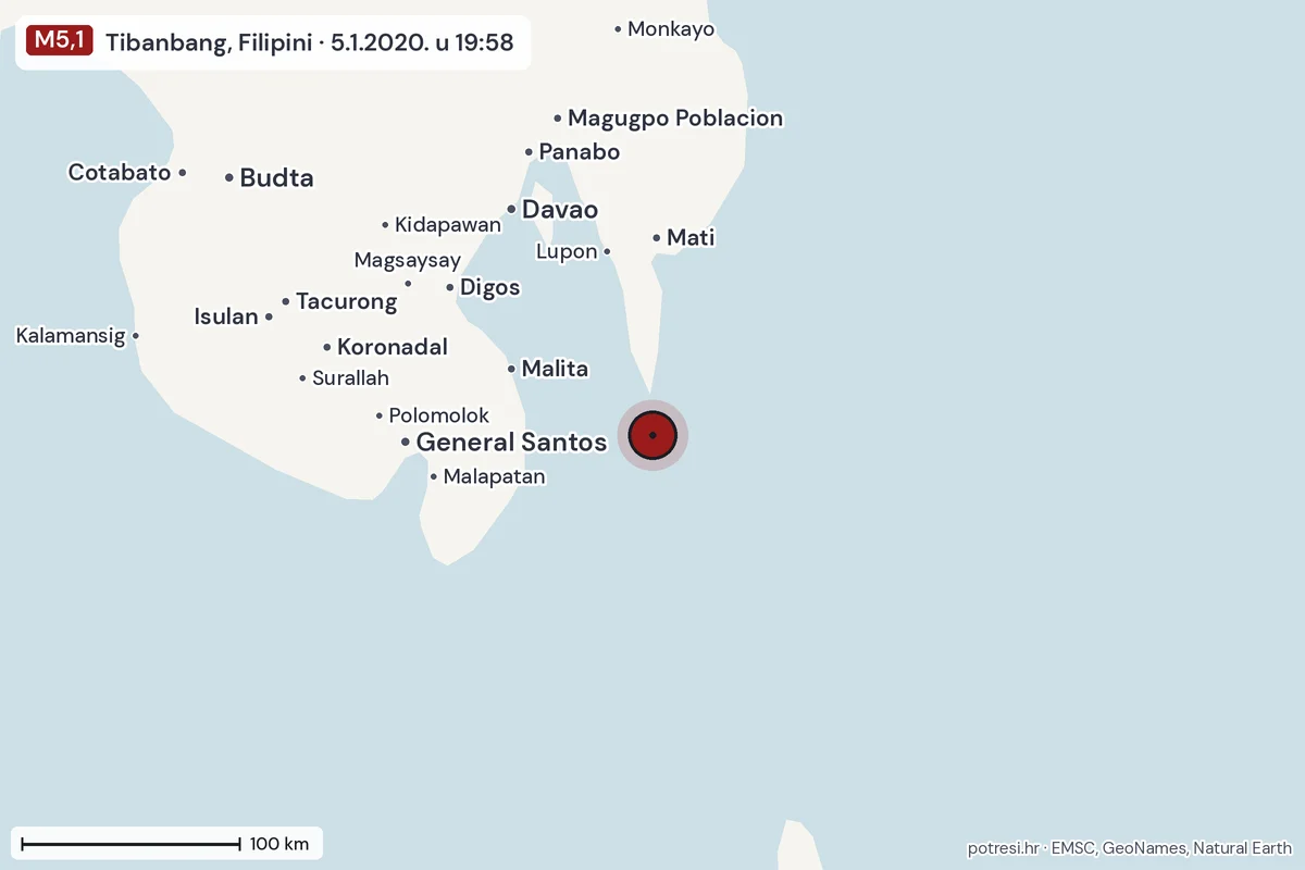Karta: šire područje, 600 km, potres M5,1, Tibanbang, Filipini, 5.1.2020.
