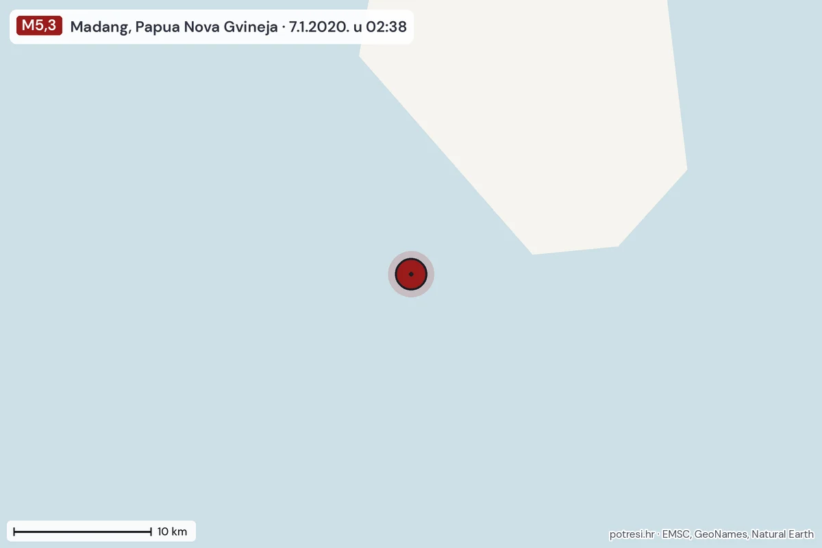 Karta: okolica epicentra, 60 km, potres M5,3, Madang, Papua Nova Gvineja, 7.1.2020.