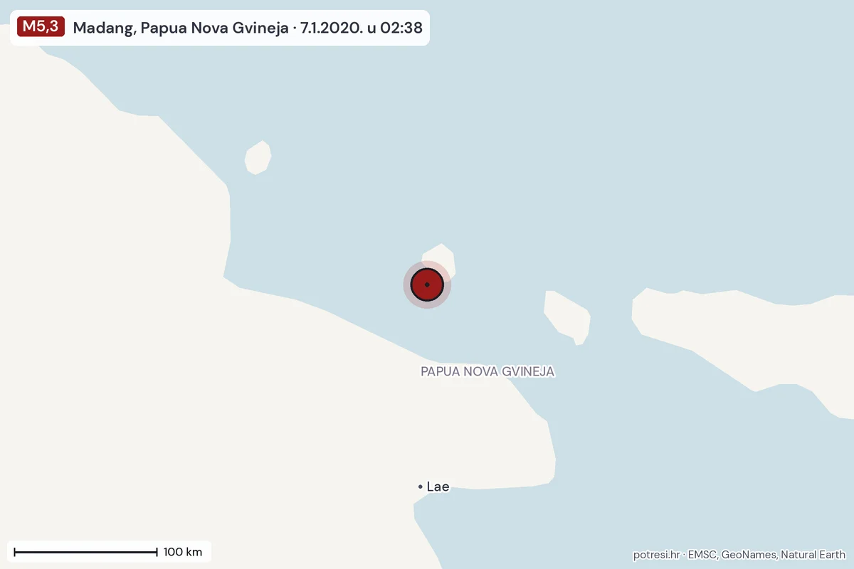 Karta: šire područje, 600 km, potres M5,3, Madang, Papua Nova Gvineja, 7.1.2020.