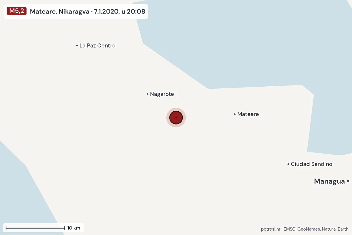 Karta: okolica epicentra, 60 km, potres M5,2, Mateare, Nikaragva, 7.1.2020.