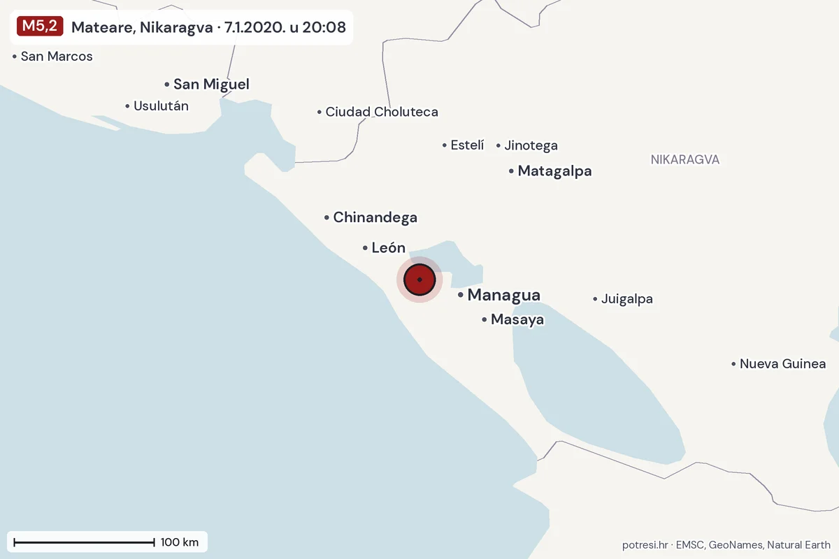 Karta: šire područje, 600 km, potres M5,2, Mateare, Nikaragva, 7.1.2020.