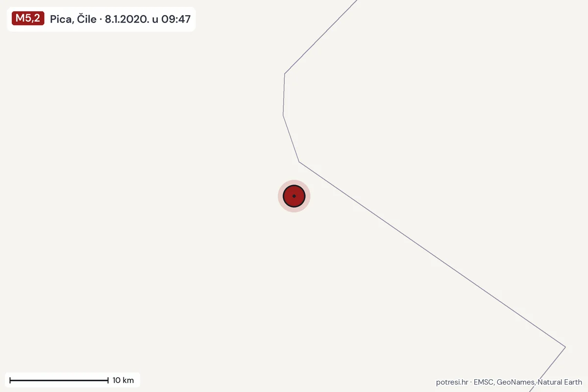 Karta: okolica epicentra, 60 km, potres M5,2, Pica, Čile, 8.1.2020.