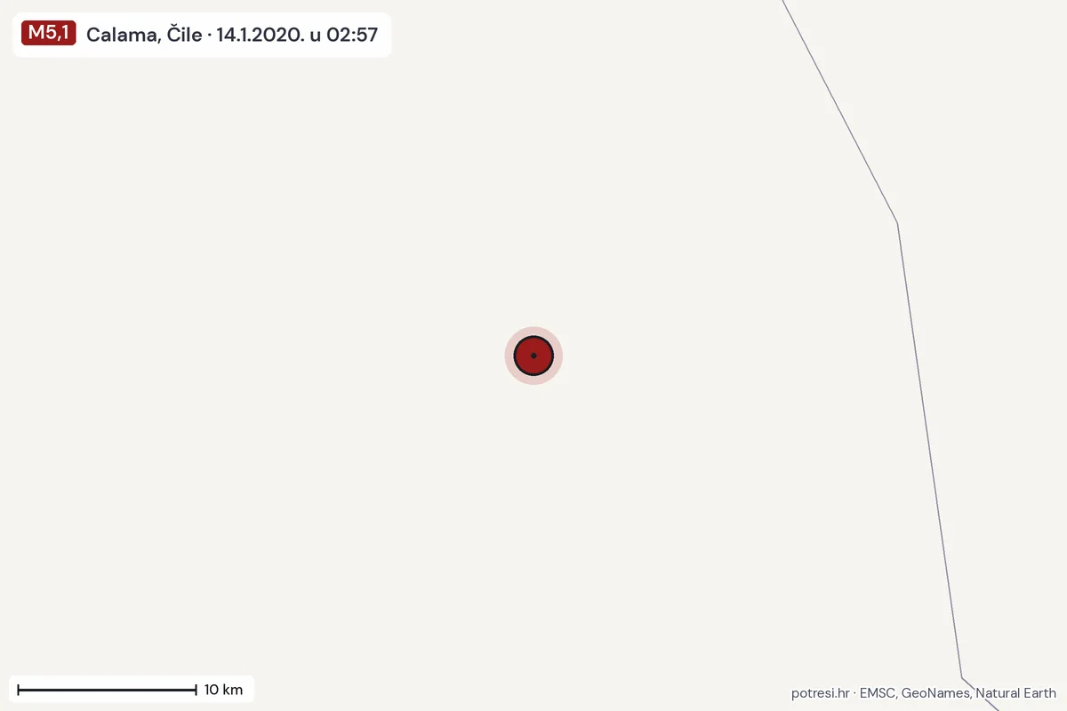 Karta: okolica epicentra, 60 km, potres M5,1, Calama, Čile, 14.1.2020.